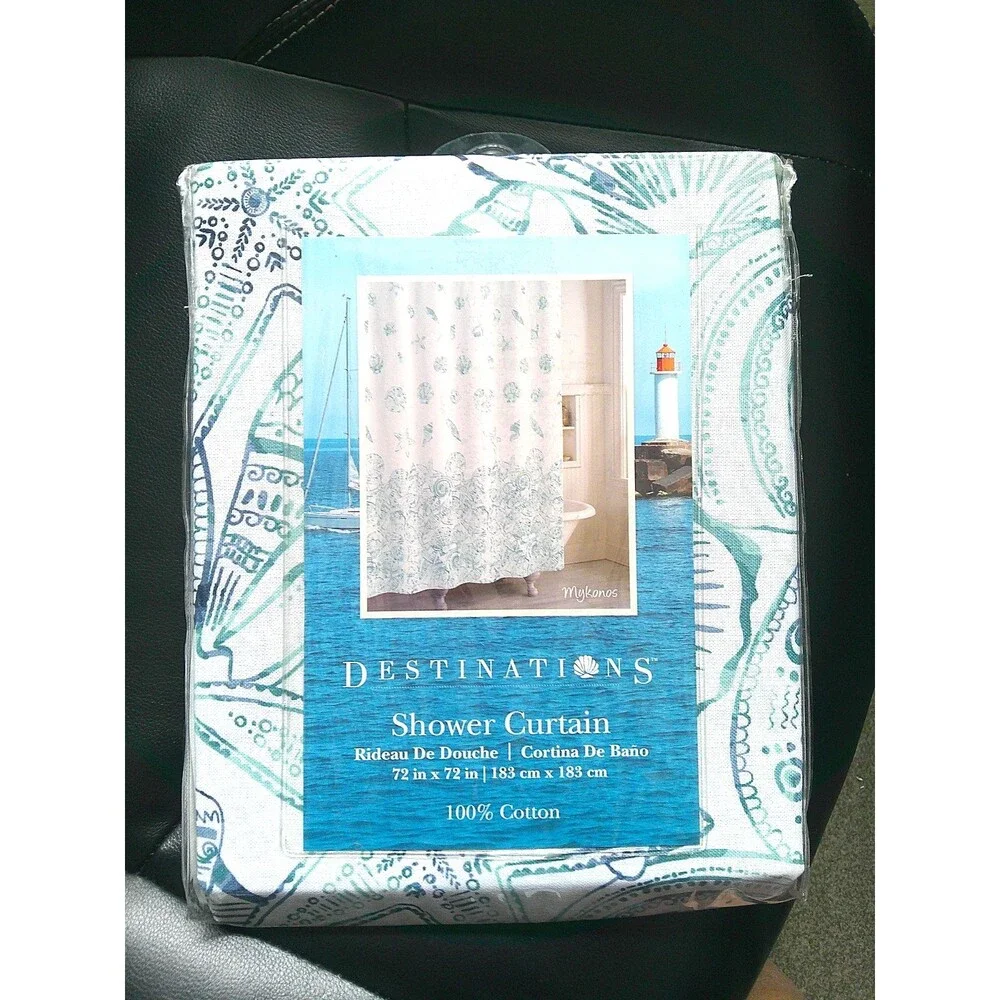 NEW  Destinations 100% Cotton  Shell  Shower Curtain Called Mykonos